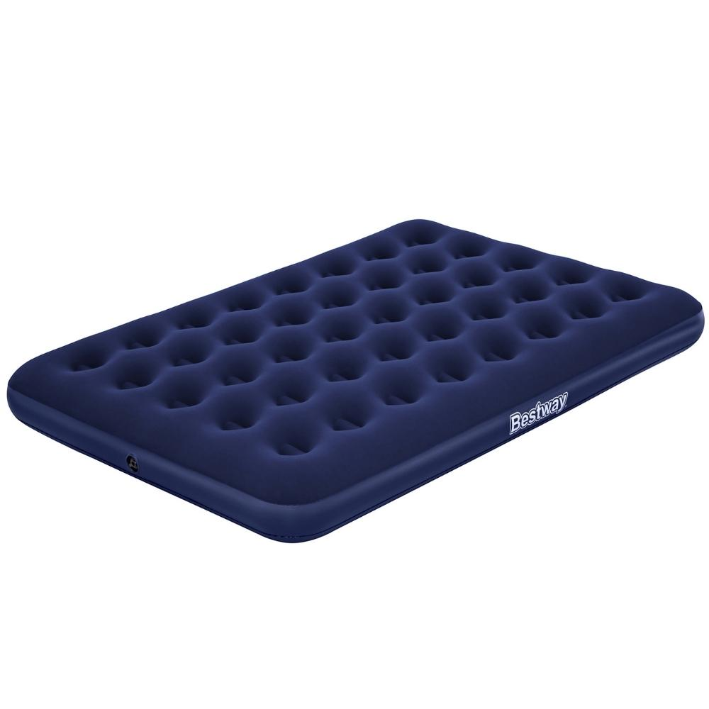 Blauw opblaasbaar matras op witte achtergrond. Bestway-logo.