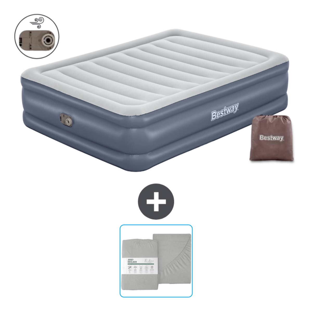 Matelas gonflable bleu et gris avec ensemble de draps et sac de transport Bestway. Le signe plus indique des éléments.