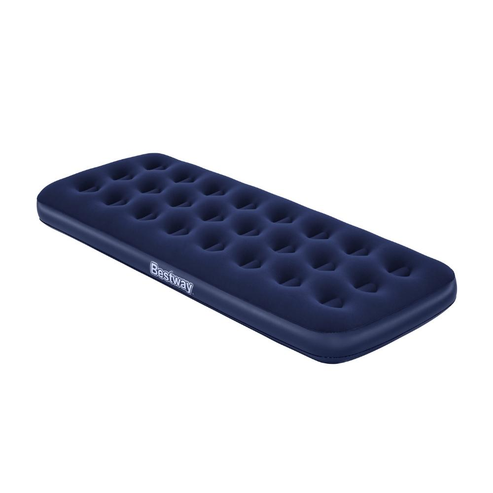 Blauw opblaasbaar matras op witte achtergrond. Bestway-logo.