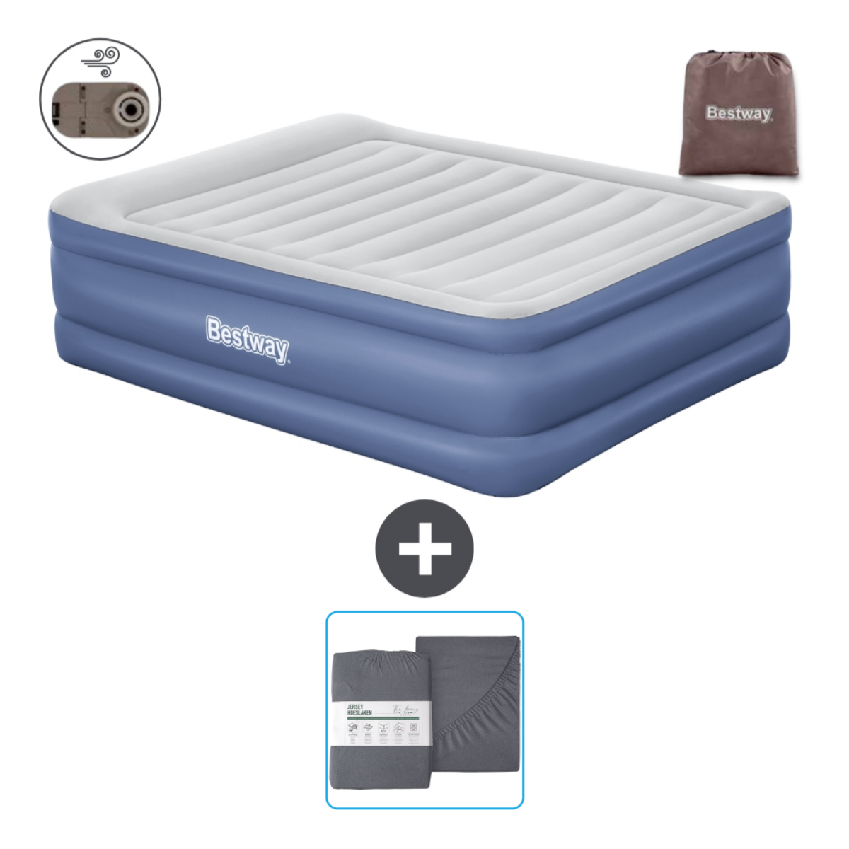 Blauw en wit Bestway luchtmatras met lakens en reparatieset.