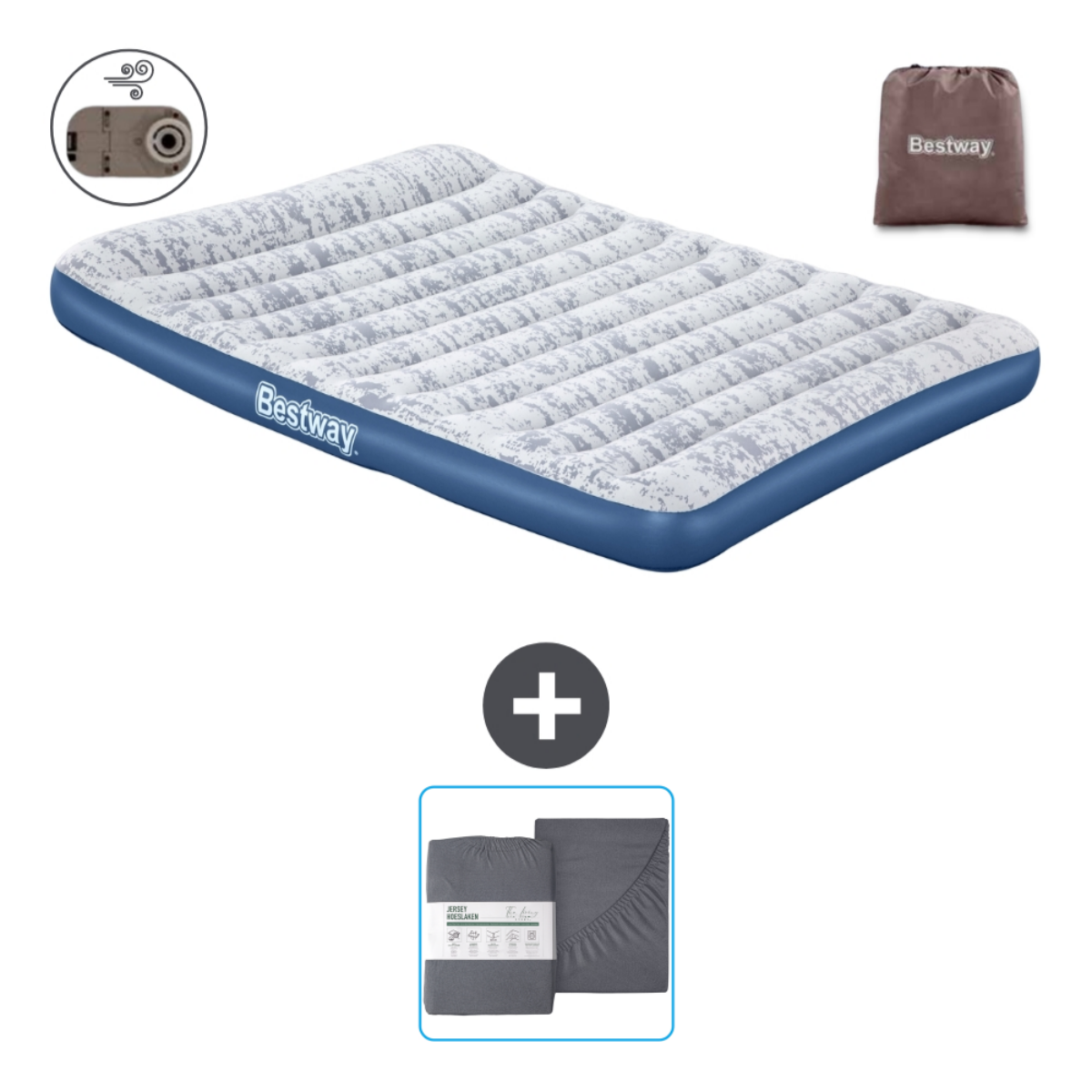 Matelas gonflable à motifs gris et blanc, ensemble de draps et sac de transport, avec pompe électrique sur blanc.