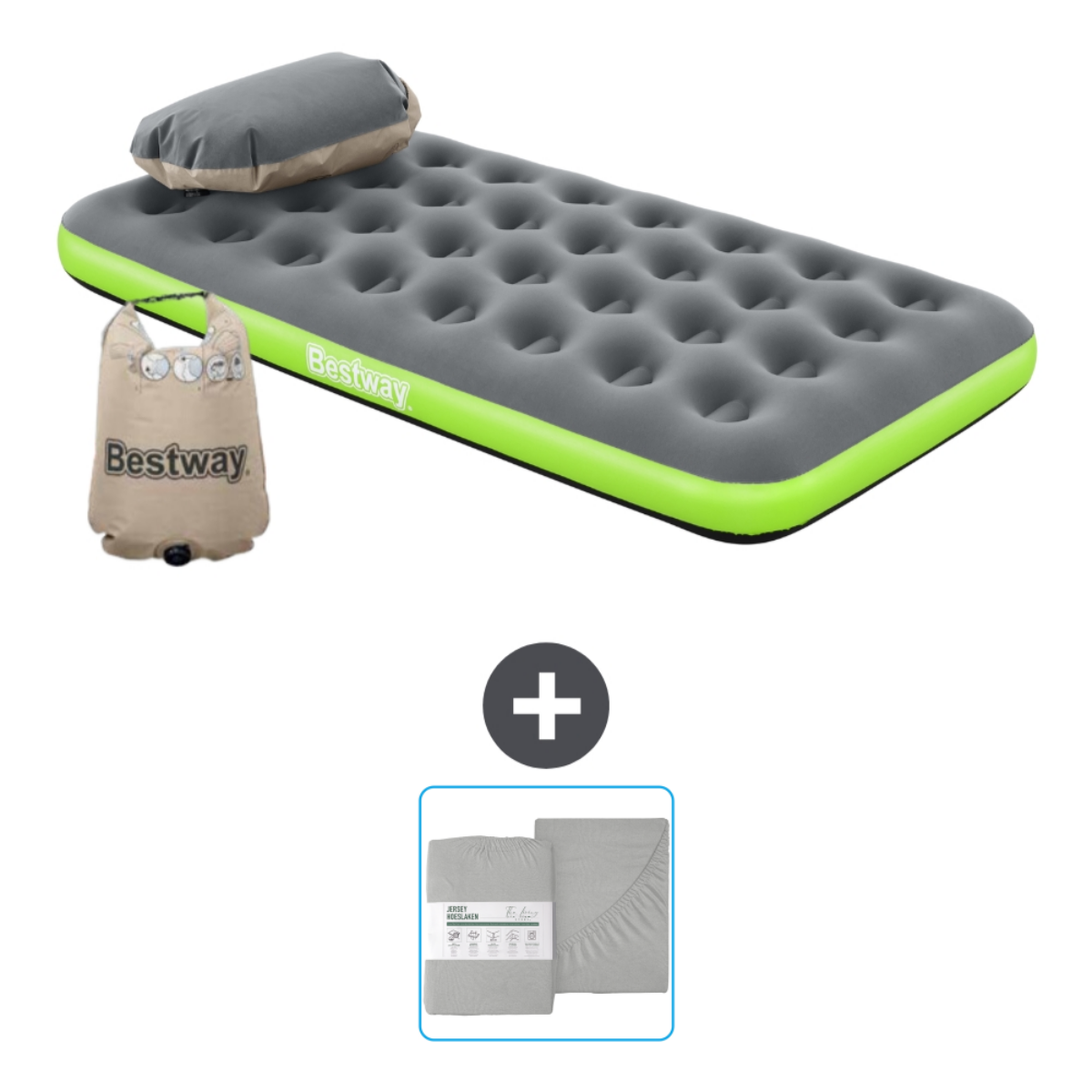 Grijze luchtmatras met groene rand, beige kussen en lakens, plus een tas. Er is ook een plusteken aanwezig.