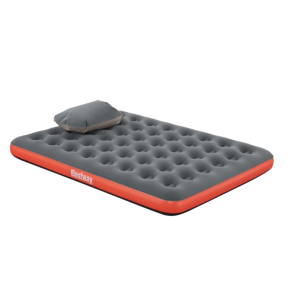 Grijs Bestway luchtmatras met kussen en een oranje rand. Het heeft een gegolfd oppervlak.