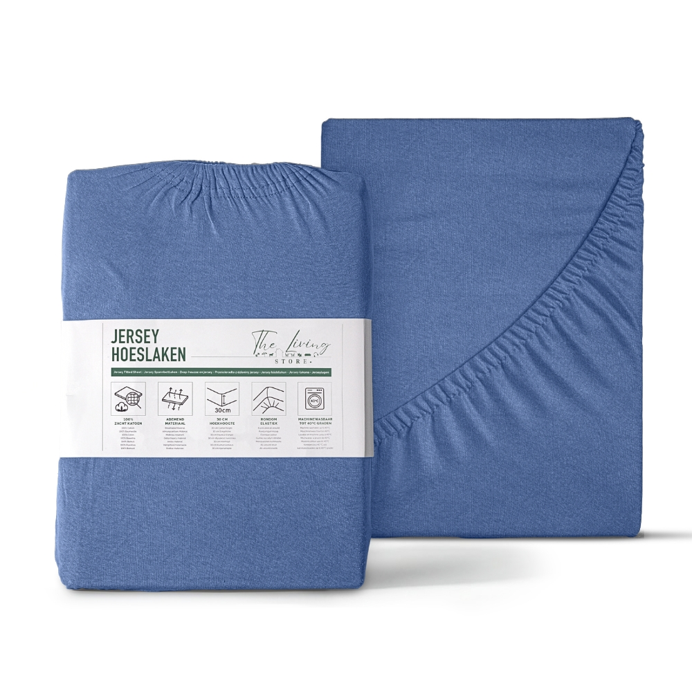 Blaues Spannbettlaken-Set in Verpackung. Einmal gefaltet, einmal entfaltet.