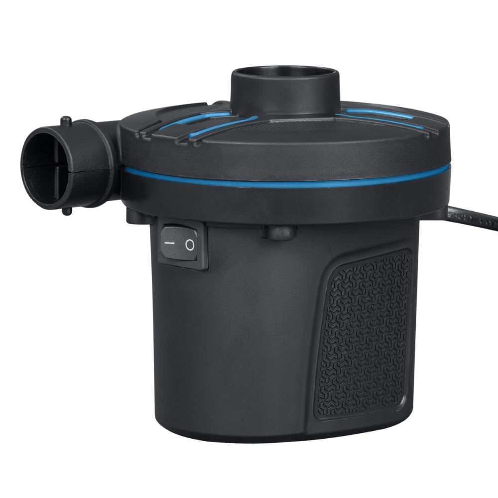 Schwarze Luftpumpe mit blauen Akzenten und einem Netzschalter.