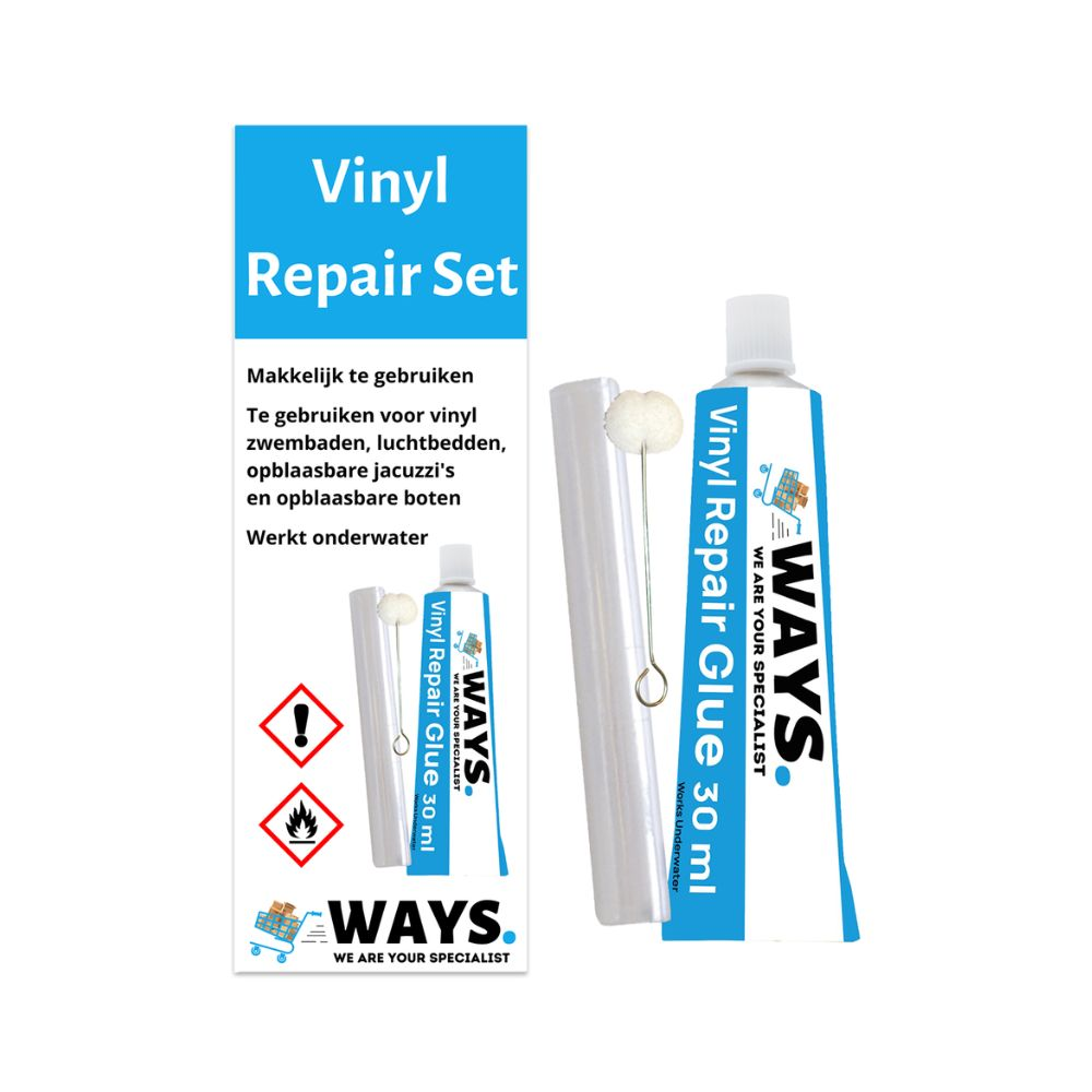 Vinyl-Reparaturset mit Kleber, Reparaturmaterial und Pinsel.