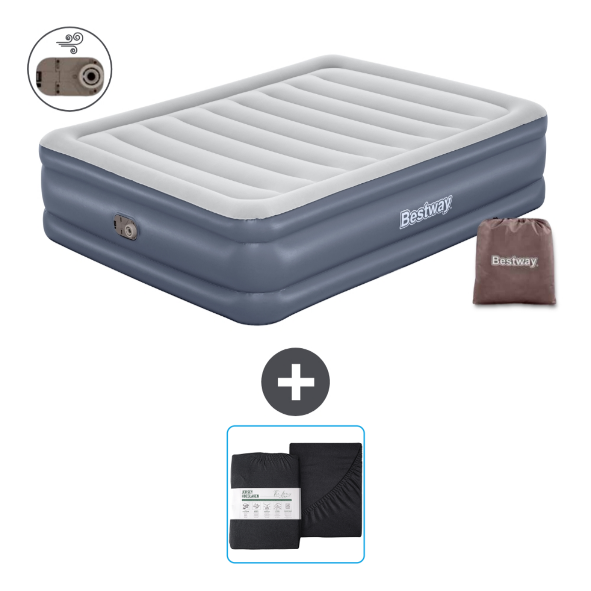Opblaasmatras, beddengoedset en draagtas. Grijs en wit patroon op een blauw matras.