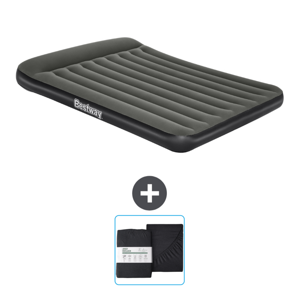 Lit gonflable gris avec draps sur fond blanc. Le lit est étiqueté 'Bestway'.