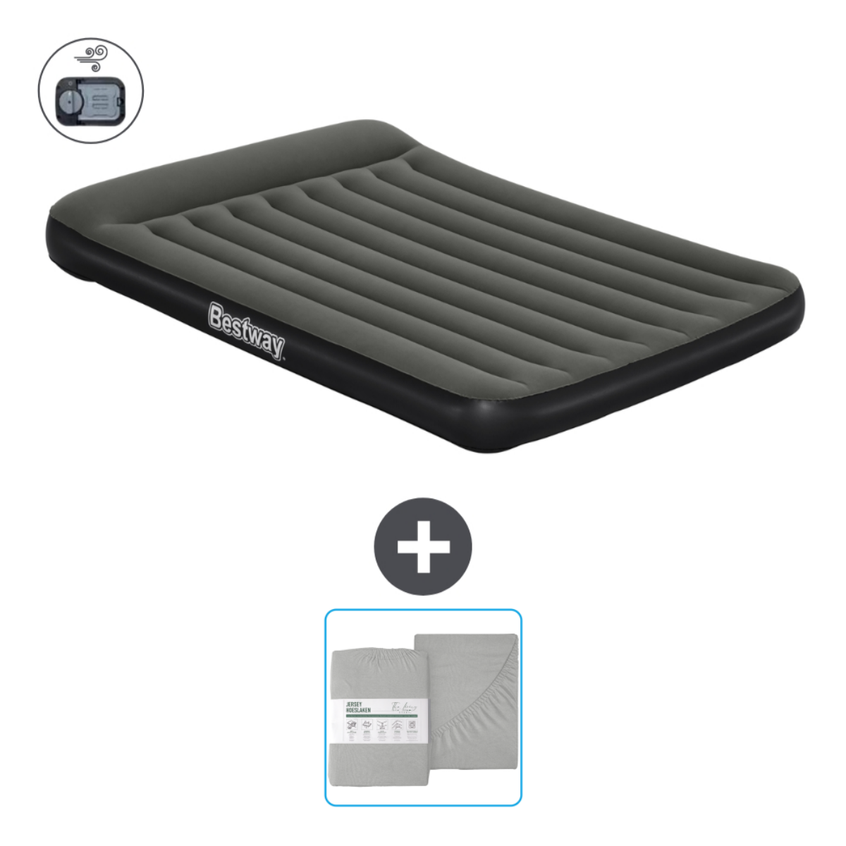 Un matelas gonflable gris et des draps sont présentés.
