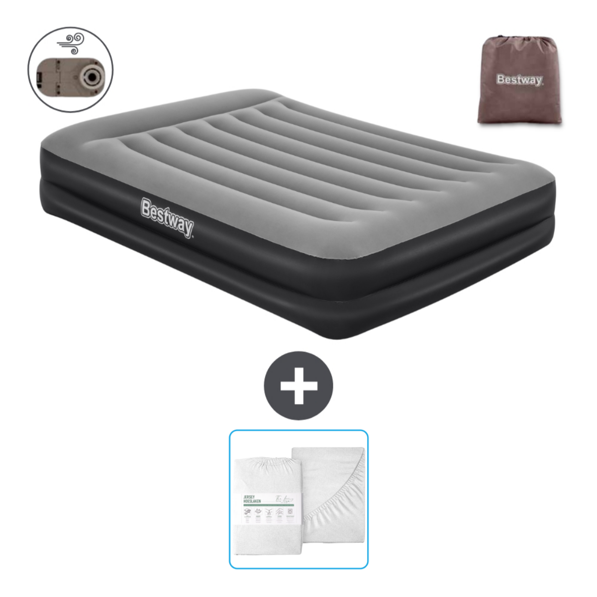 Matelas gonflable gris et noir, draps et un sac.