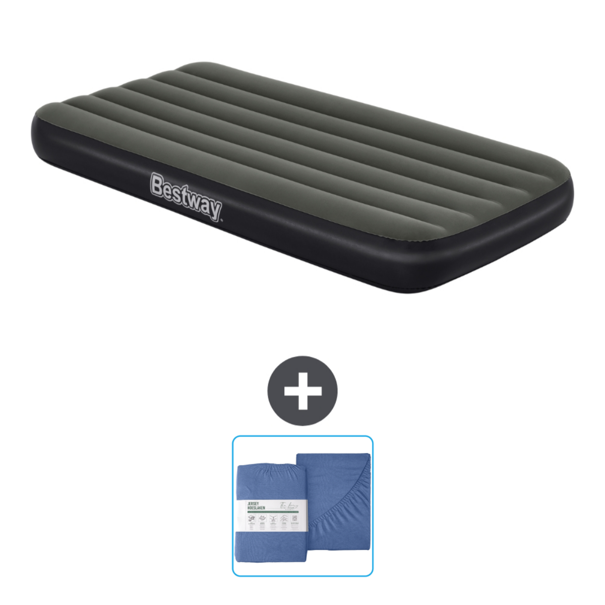 Matelas gonflable Bestway gris foncé avec draps bleus.
