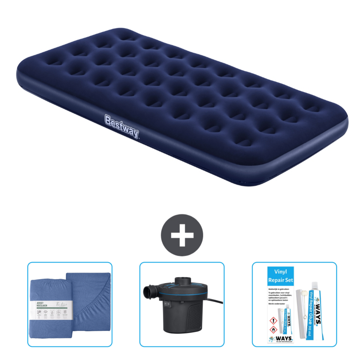 Ensemble lit gonflable Bestway bleu avec draps, pompe et kit de réparation.