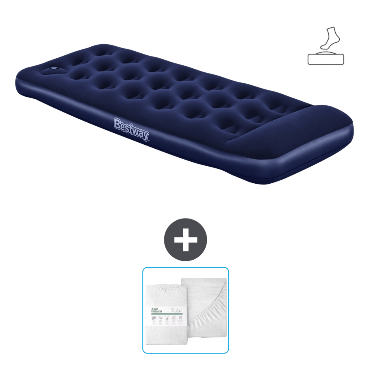 Blauw Bestway luchtmatras met lakens. Plus een laken set en voet icoon. Witte achtergrond.