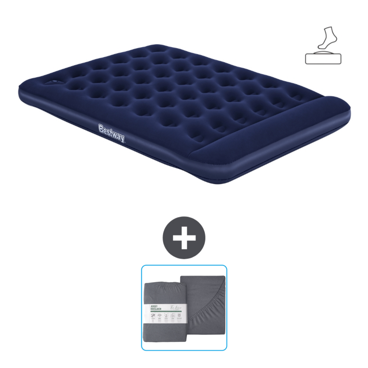 Blauw opblaasbaar bed met lakens op een witte achtergrond. Het bed is gemarkeerd met 'Bestway'.