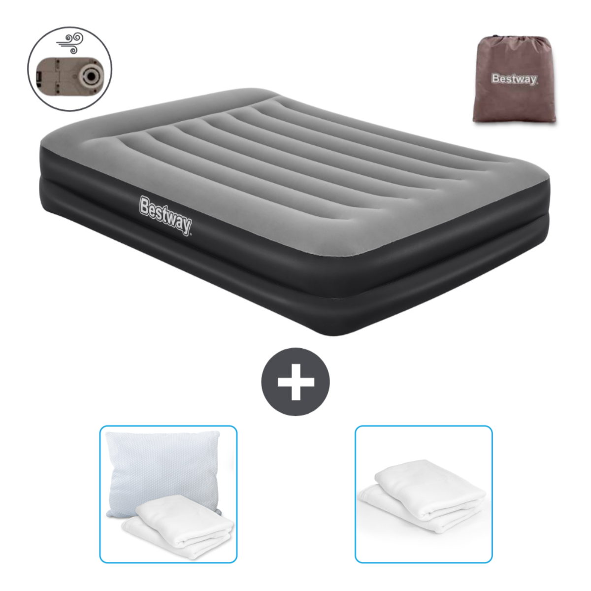 Un lit pneumatique gonflable avec le logo Bestway, un sac de transport et des oreillers sur le côté.
