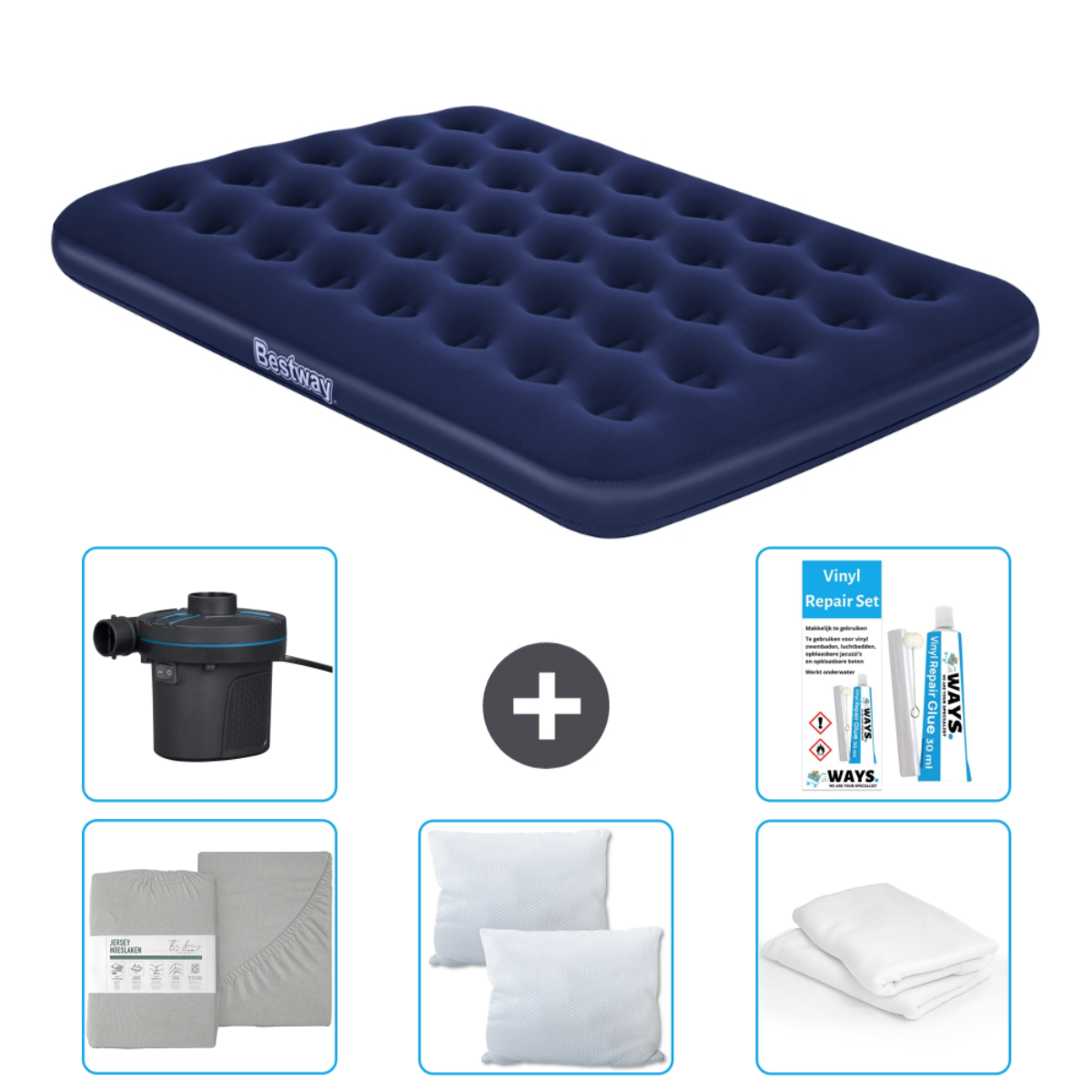 Opblaasmatras, pomp, reparatieset, kussens en beddengoedset. Blauw Bestway matras.