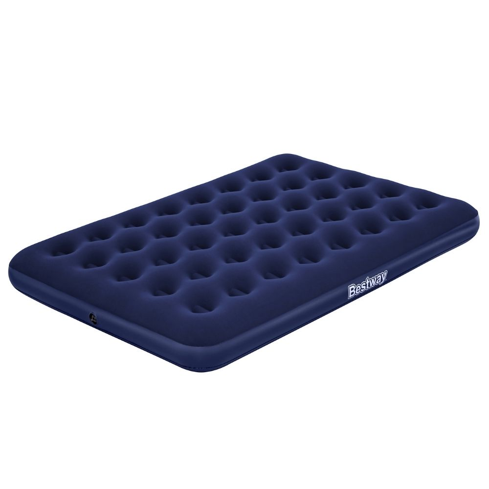 Matelas gonflable Bestway bleu avec motif quadrillé. Logo Bestway sur le côté. Fond blanc.
