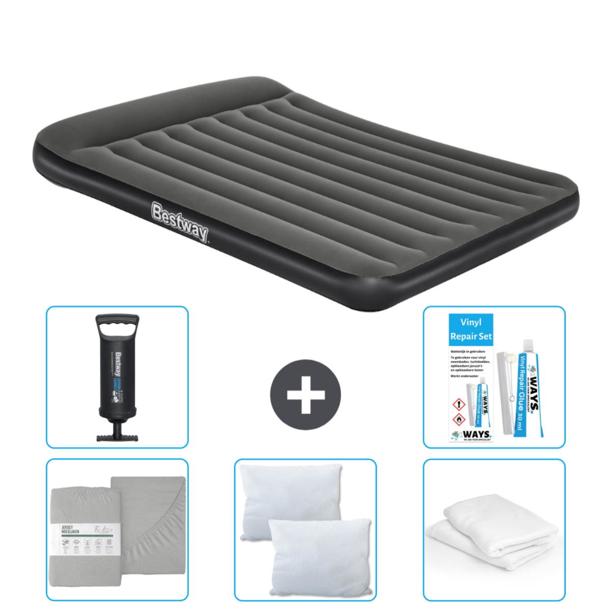Grijs Bestway luchtbed met accessoires op witte achtergrond.