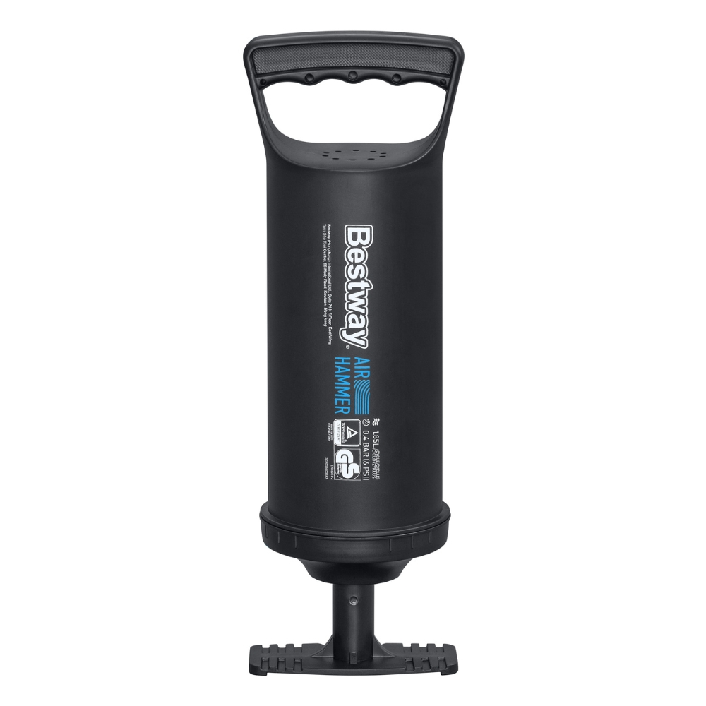 Schwarze Handluftpumpe mit Griff und Bestway-Logo auf weißem Hintergrund.