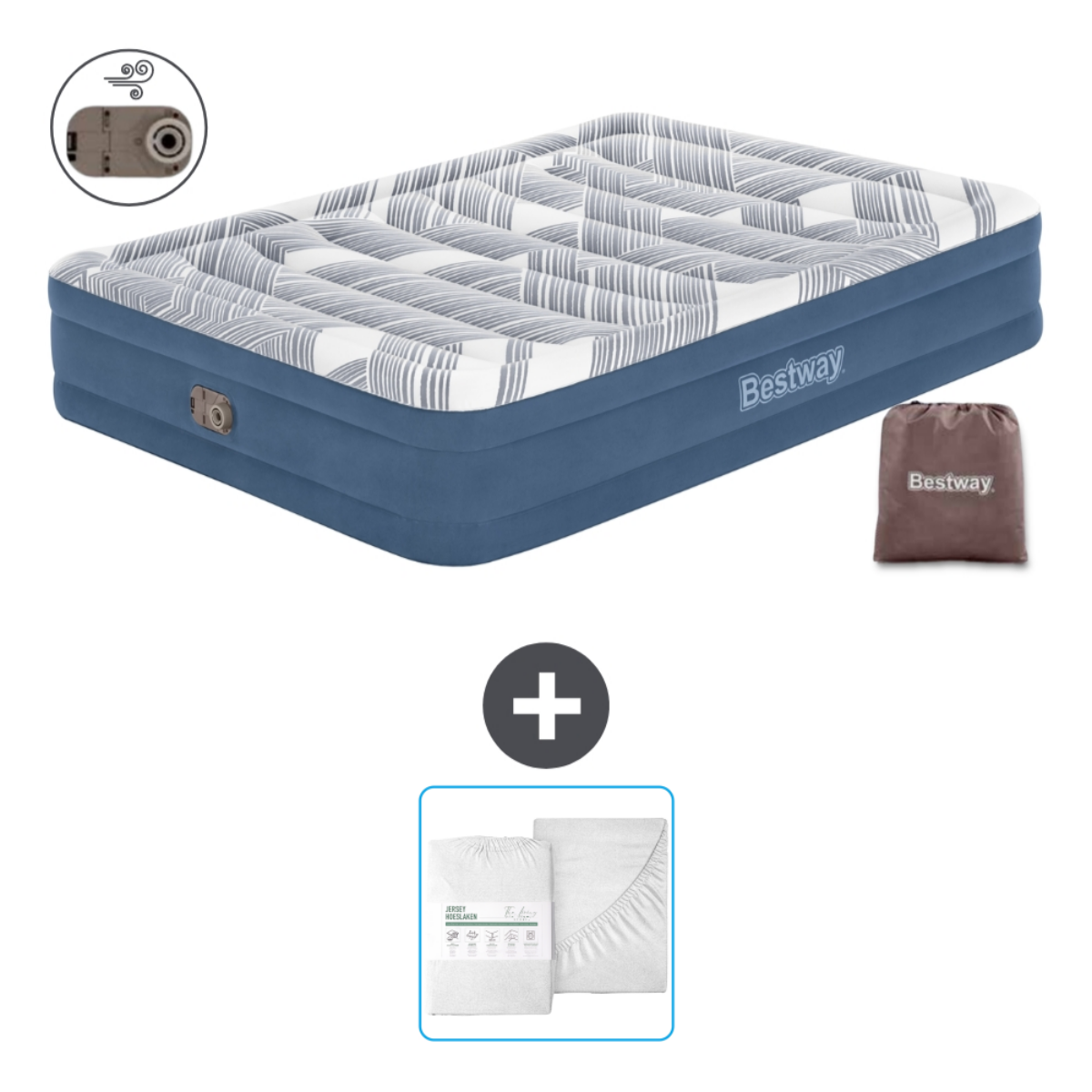 Opblaasmatras, beddengoedset en draagtas. Wit en blauw matras met Bestway-logo.