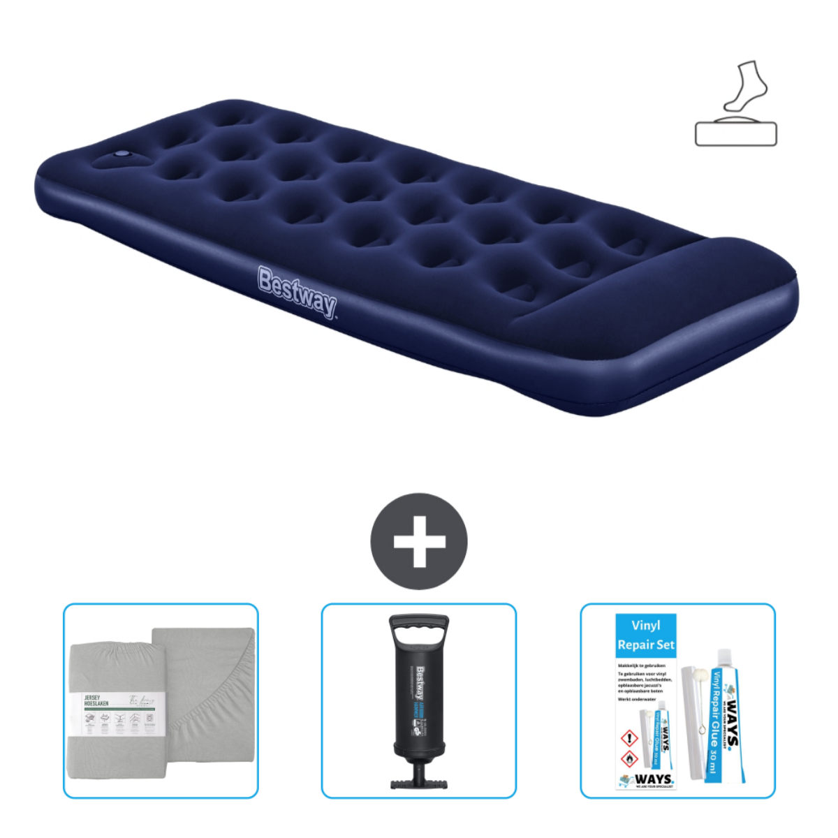Matelas pneumatique bleu marine avec pompe, draps gris et kit de réparation. Un signe plus est également présent.