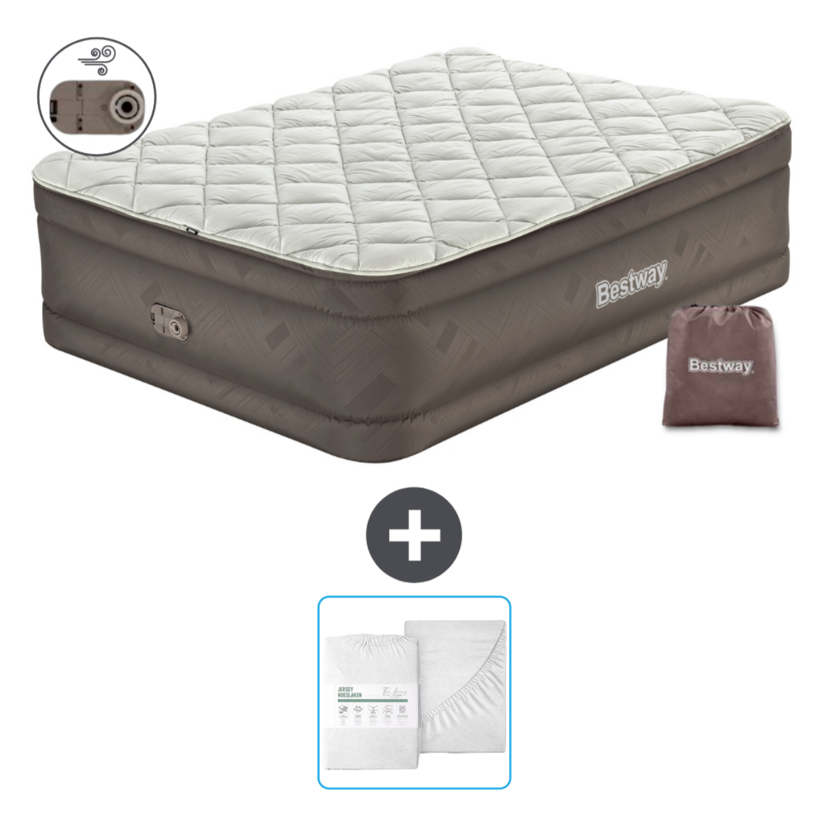Matelas gonflable marron et blanc, draps, deux oreillers et un sac.