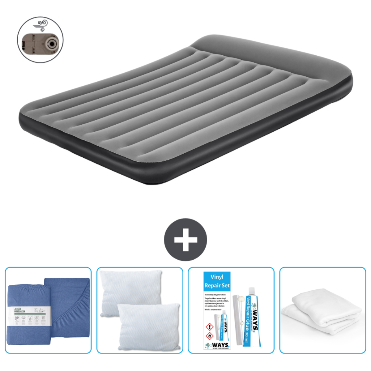 Matelas pneumatique gris avec bord noir, parure de lit bleue et kit de réparation.