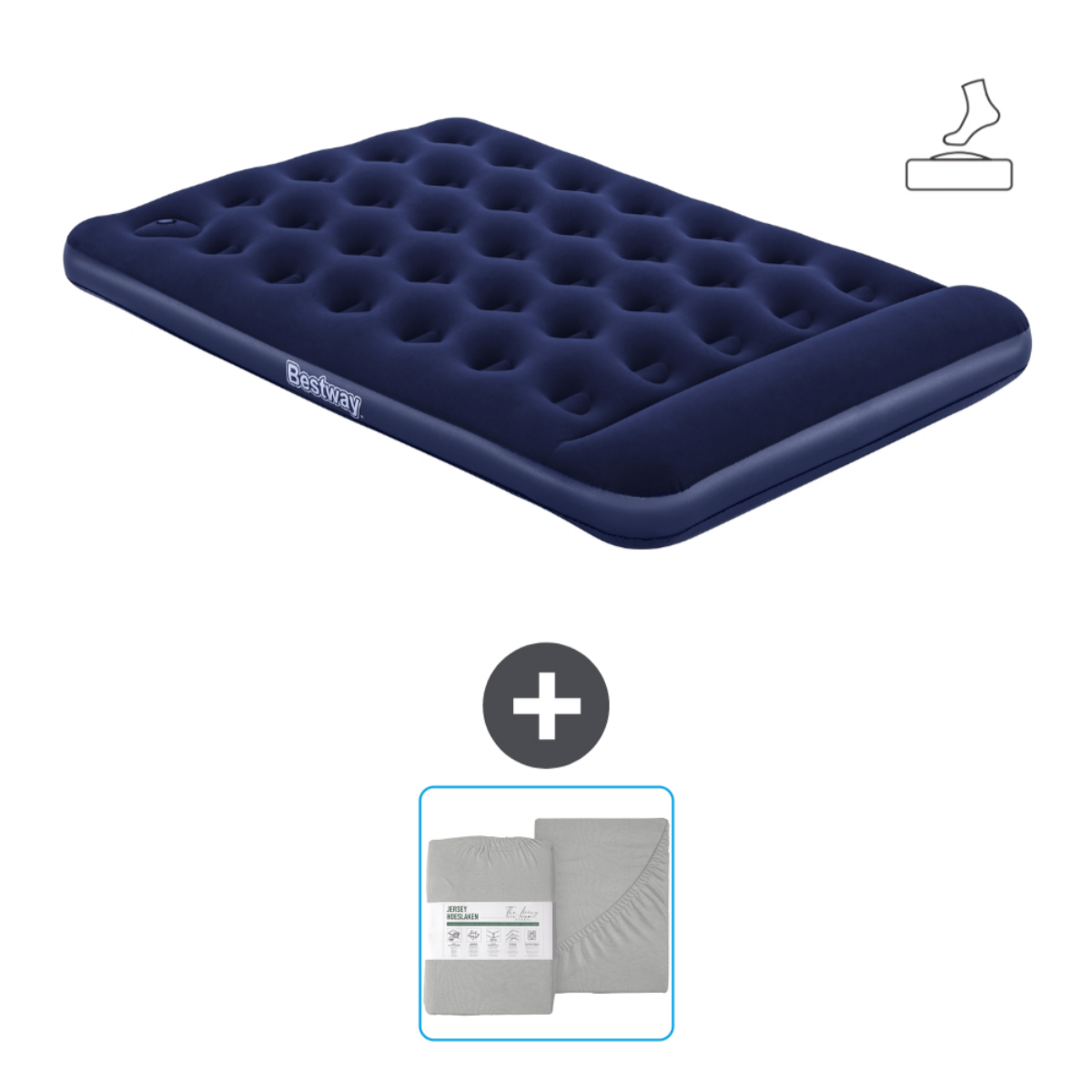 Een Bestway luchtmatras in blauw. Het is opgeblazen en klaar voor gebruik. Een lakenset is inbegrepen.