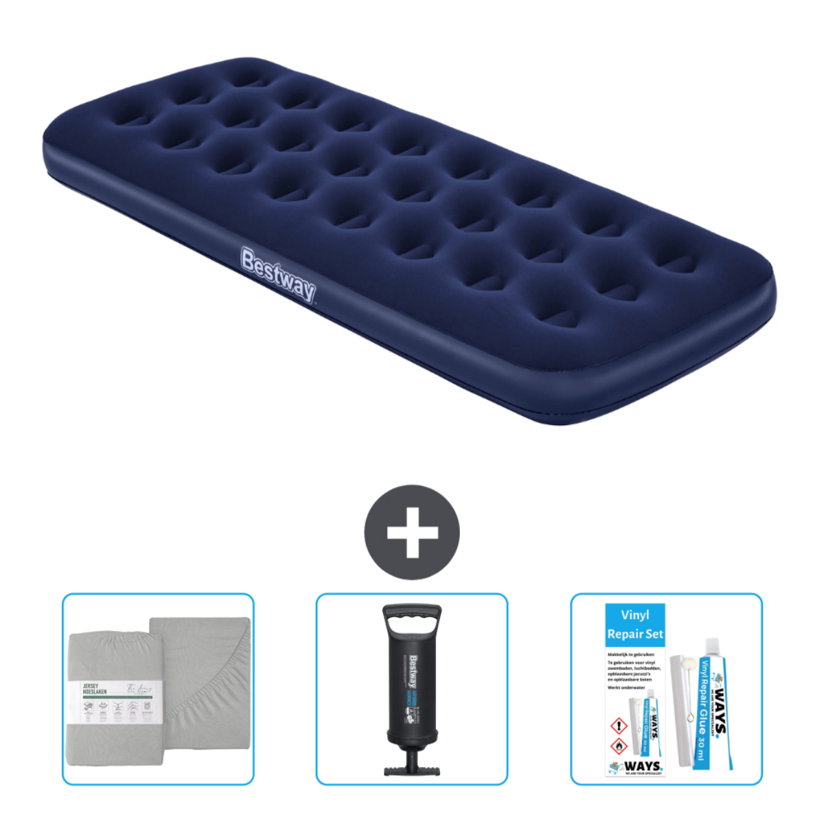 Opblaasmatras, pomp, reparatieset en beddengoedset. Blauw Bestway opblaasmatras.
