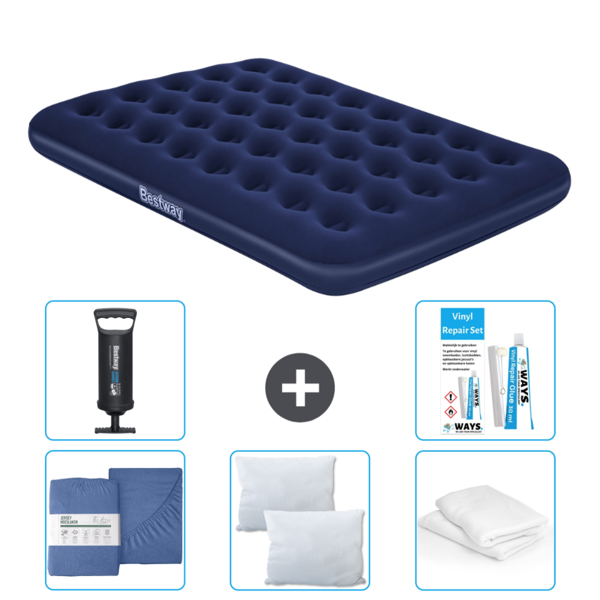 Ensemble lit gonflable Bestway bleu avec draps, pompe, oreillers et kit de réparation.