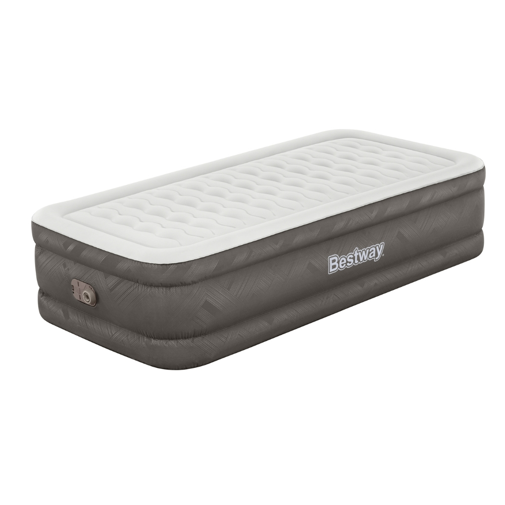 Grijs en wit Bestway luchtmatras op witte achtergrond. Rechthoekige vorm.