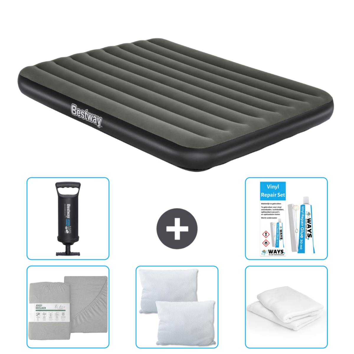 Matelas gonflable gris et noir, draps, deux oreillers, pompe et kit de réparation.