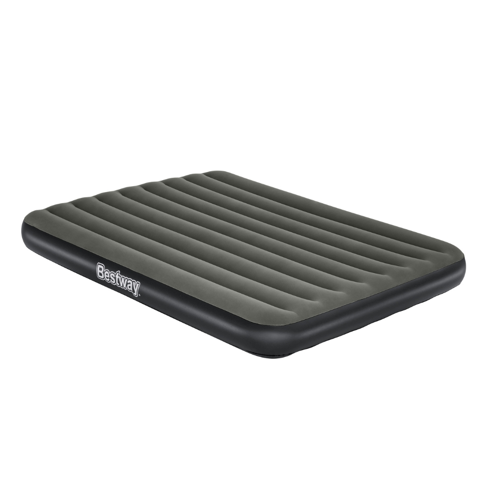 Grijze Bestway luchtmatras op witte achtergrond. Bestway logo aan de zijkant. Geribbeld ontwerp.