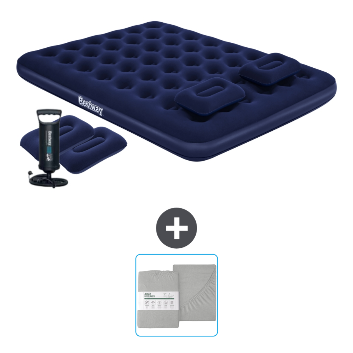 Matelas pneumatique bleu marine avec deux oreillers, une pompe et parure de lit grise.
