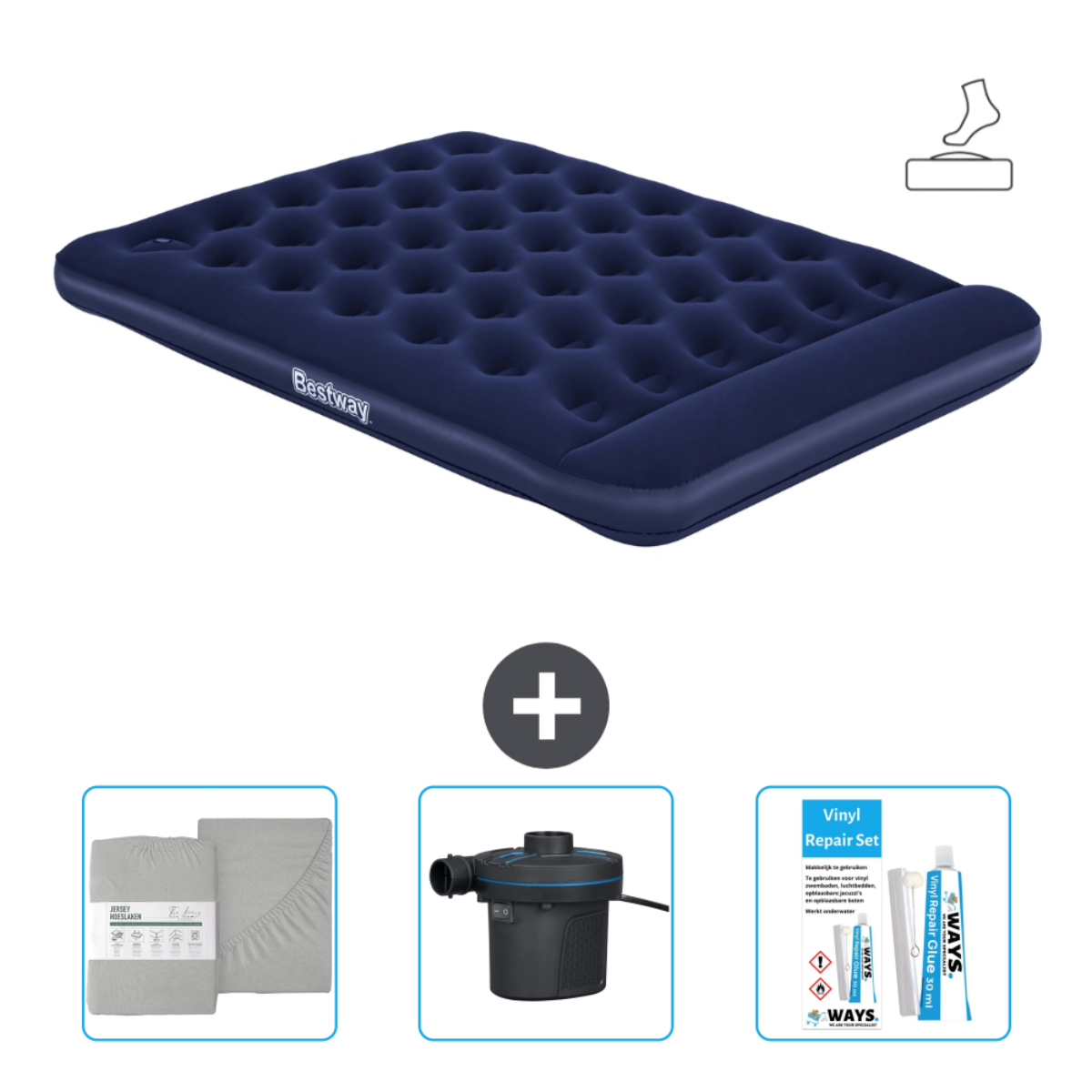 Blauw opblaasbaar luchtbed met accessoires. Inclusief lakens, pomp en reparatieset.