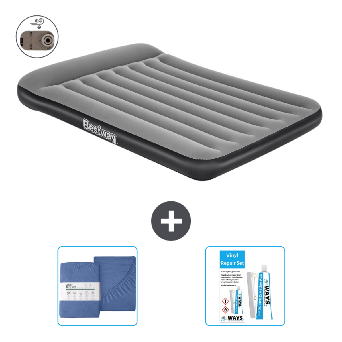 Een luchtmatras met lakens en een reparatieset op een witte achtergrond. Inclusief pomp.