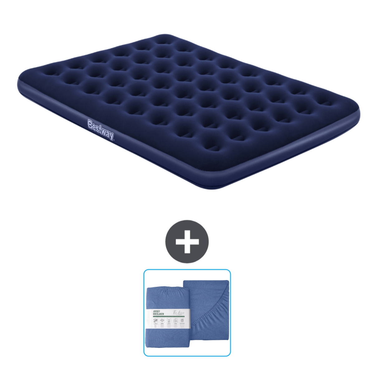 Matelas gonflable et ensemble de literie. Matelas gonflable bleu Bestway et draps bleus.