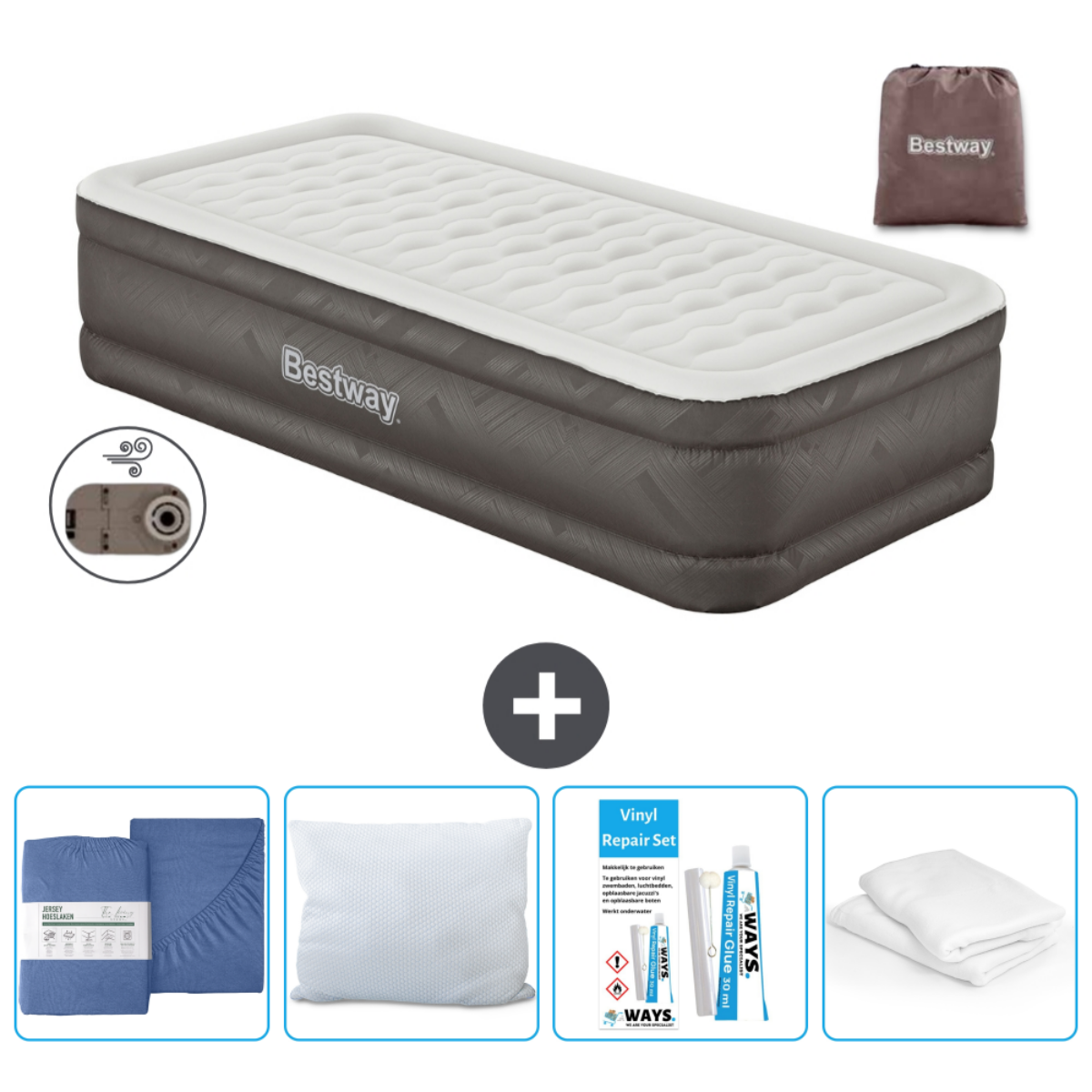 Grijs en wit Bestway luchtbed met accessoires op wit.