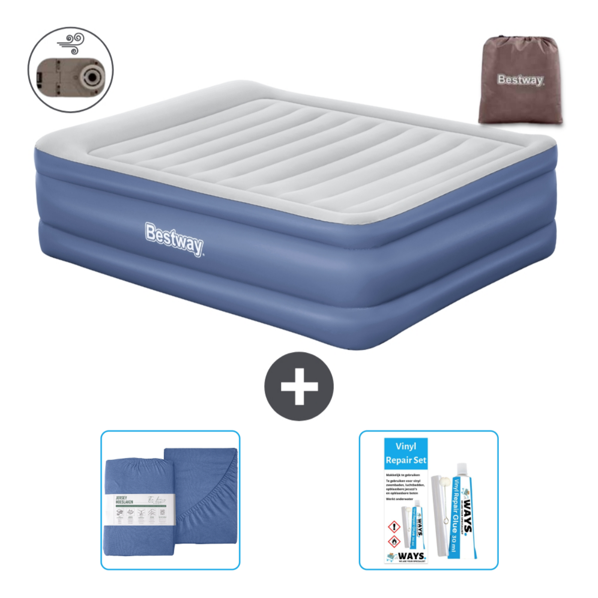 Matelas gonflable Bestway bleu et blanc avec accessoires sur blanc.