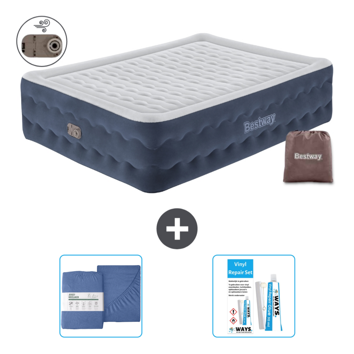 Grijs en blauw luchtbed met reparatieset, lakenset en een pomp.