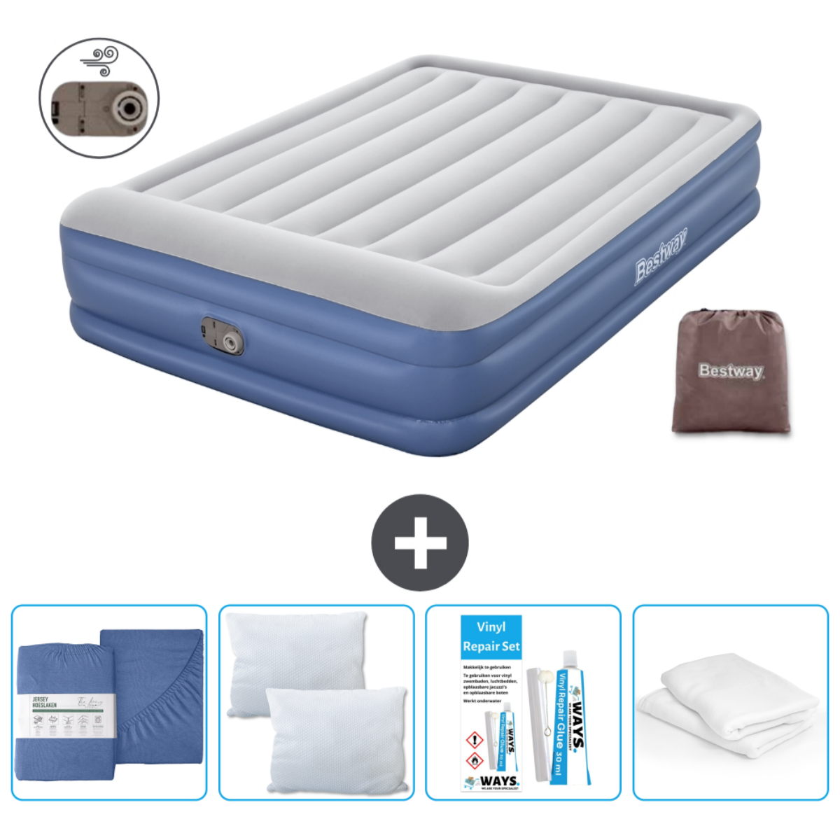 Matelas gonflable Bestway bleu et blanc avec accessoires sur blanc.