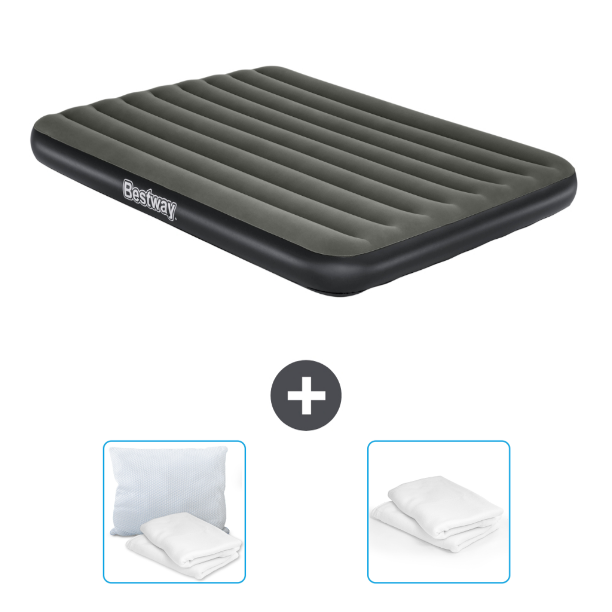 Grijs Bestway luchtmatras met accessoires. Plus-teken geeft de toevoeging van kussens en lakens aan.