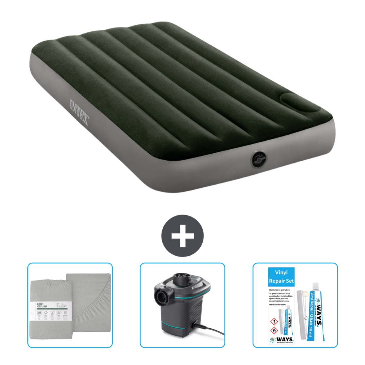 Opblaasmatras, reparatieset, pomp en beddengoedset. Donkergroen matras met grijze basis.