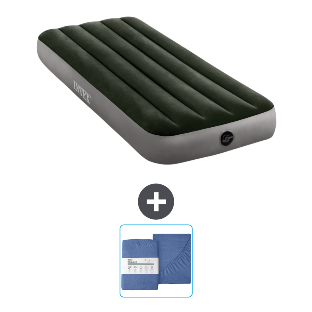 Lit pneumatique vert et gris avec accessoires. Comprend des draps.
