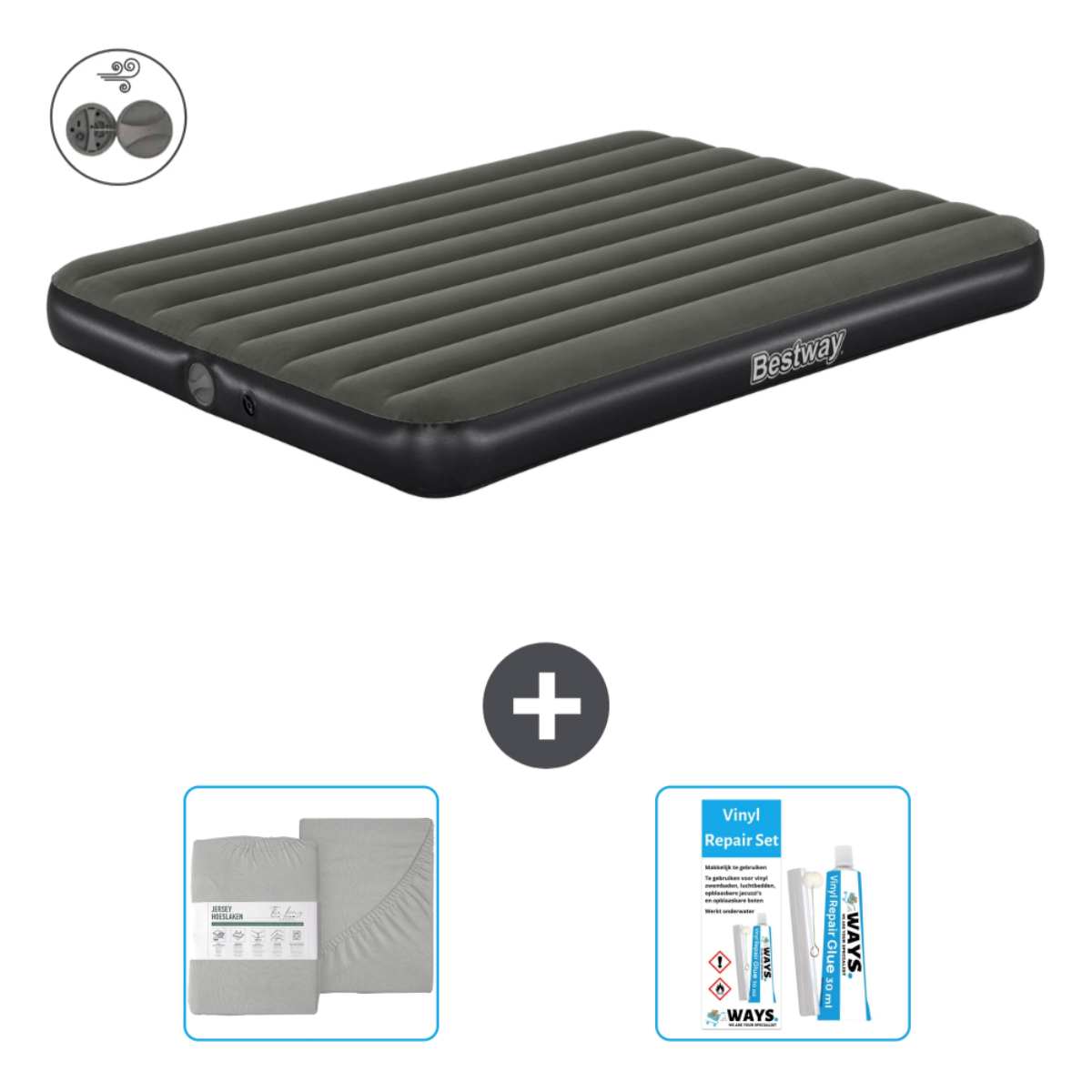Matelas gonflable gris avec logo Bestway, plus draps gris et kit de réparation. Le matelas est rectangulaire et gonflé.