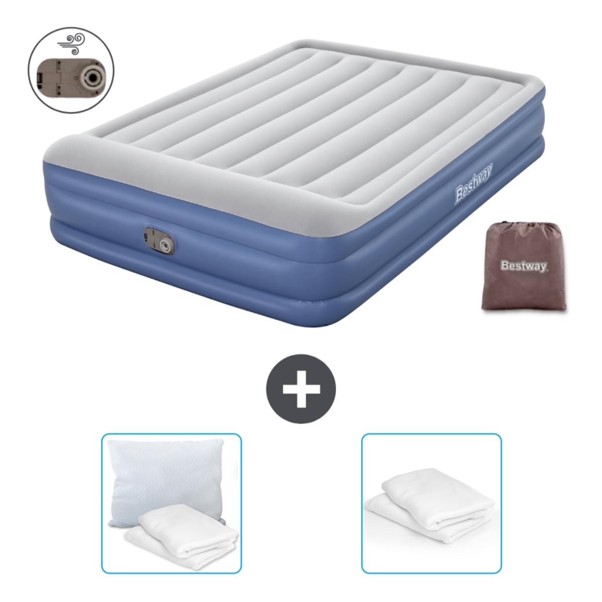 Matelas gonflable bleu et blanc, sac de transport, oreiller et draps. Avec pompe.