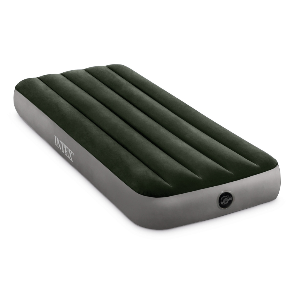 Un matelas gonflable, dessus vert foncé, côtés gris, fond blanc.
