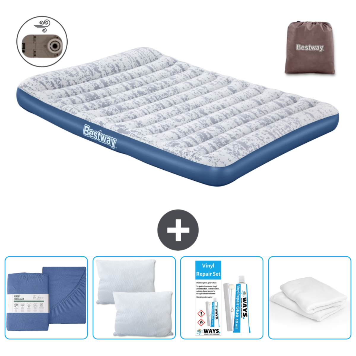 Matelas pneumatique camouflage avec parure de lit, oreillers, kit réparation et pompe.