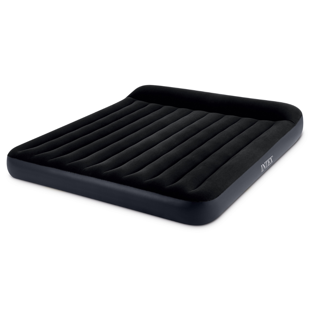 Matelas gonflable noir, côtés sombres, fond blanc.
