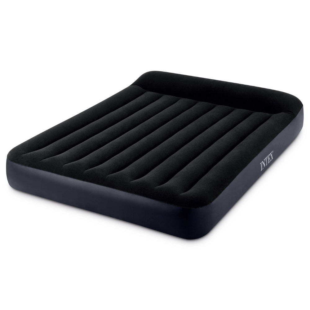 Zwart opblaasbaar matras op witte achtergrond, met Intex-logo.